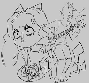 "loud", or "Ibuprofen." A picture of two anthropomorphic cats. On the right side foreground, a lanky, sharp-haired cat with a guitar is singing loudly and stomping on the floor. On the left side background, a headshot of a smooth-furred cat holds their ears down.