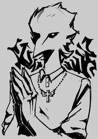 Pictured is a spiky-haired corvid man with a hard light casting several shadows down his body that obscure part of his face. Looking forward, the figure stares with a piercing eye, clutching his hands together in front of a winged cross necklace.