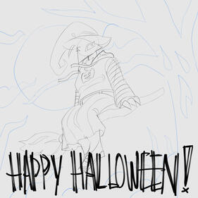 "Happy Halloween!" 2025 Sketch A very rough sketch of the old version of my sona--a crow lady, sitting on a floating broom above a tree-filled background over a night sky.