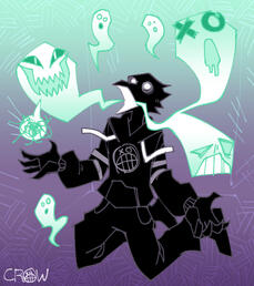 Pictured is a lanky and shadowy corvid. He is fallen down to his knees with his arms outwards, and his mouth and eyes wide open in a shocked expression, as several malicious looking spirits escape his beak.