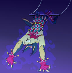 Pictured is a blue and tan canine in a patterned jester's outfit swinging upside-down from a mounted trapeze. Her hands are extended outwards, and her face is in a gleeful expression.