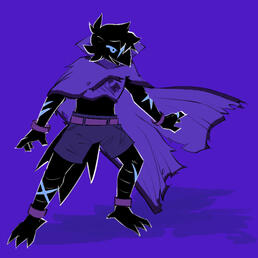 Pictured is a corvid wearing purple armor and clothing. A trimmed cape curls around their body and flows in the air behind them, as they pose defensively with a coy smile, covered in blue scars.