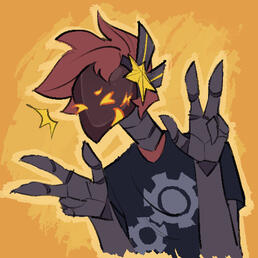 Pictured is a robotic bird with red, feathery hair and a black shirt with gray gear symbols posing with two peace signs and a smile over an orange background.