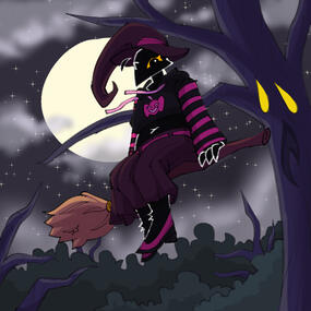 Pictured is the rendered drawing of my old sona from last year. She is sitting on a broom above a distant treeline, and behind her rises an old, dark tree glowing with a warped face. The night sky is visible in the background,
