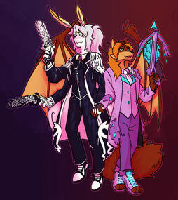 Killer Cosplay Pictured are a lanky, feminine moth and a confident, bold wolf woman with dragon wings posed beside each other. Both are sharply dressed, and cosplaying characters from Limbus Company.