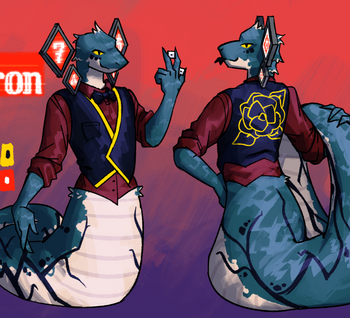 Pictured is a dark teal-cored naga with a white-tan underbelly. Between his fingers are two dice, and around his head are screens in the shape of a hood. He wears a red dress shirt with a black vest and bowtie.