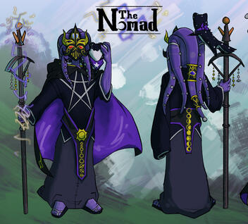 Pictured is a Wildsea Ketra Kosmer Tempest, holding an electrified staff and donning a set of darkly colored robes, and a mask shining with gold and gems. On their shoulders is a starry ferret. They are above a grassy and sky-blue background.