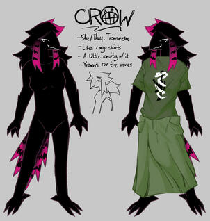 Pictured is two shots of the same character, the new version of my sona--who is a black-feathered corvid with fuschia highlights in their feathers. On the left, she is nude, but on the right, she is wearing a green shirt and long skirt.