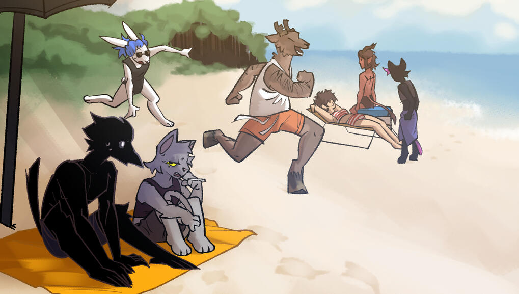 Beach Episode Pictured in a large illustration are several characters spending their time together on a sunny beach. The atmosphere is vivid and glowing, but the two figures in the front speak together in cold shade.